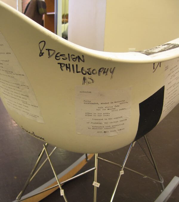 Detail of "Broken Rules By Design." Original text and collage on Eames rocking chair. Commissioned for White Space / Design Within Reach, 2012.